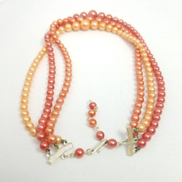 Vintage Orange Ombre Three Strand Beaded Necklace, Adjustable Hook Clasp, Japan - Picture 4 of 7